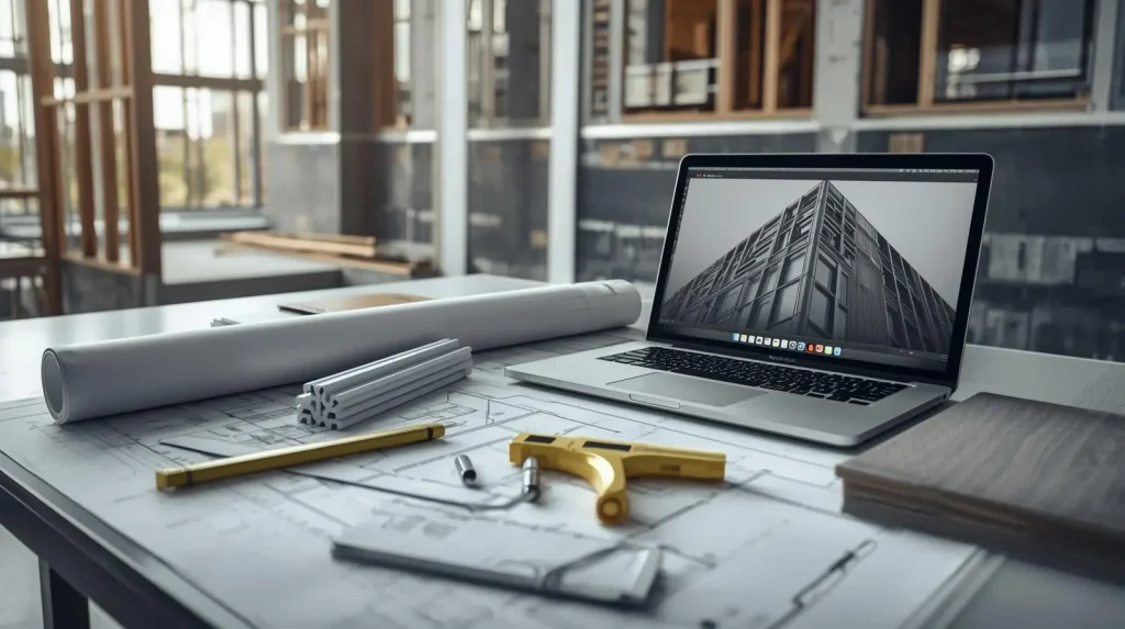שרטוטי Shop Drawings הנדסיים של חזית מאווררת מונחים על שולחן עבודה, לצד סרגל מדידה, מחשב נייד פתוח על הדמיית בניין ולוחות חיפוי HPL – תכנון מקצועי של מערכת חיפוי חזיתות.