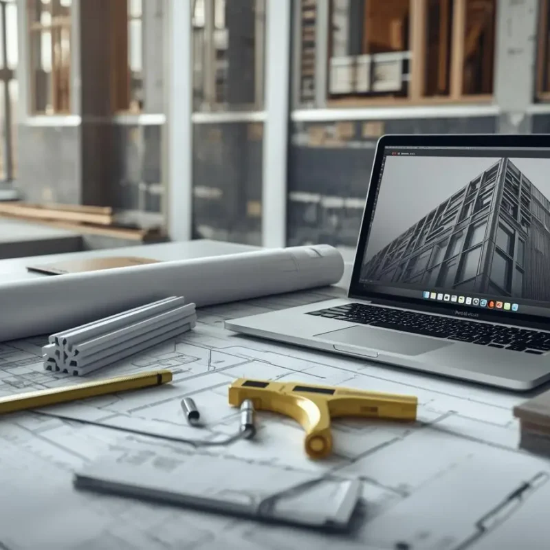 שרטוטי Shop Drawings הנדסיים של חזית מאווררת מונחים על שולחן עבודה, לצד סרגל מדידה, מחשב נייד פתוח על הדמיית בניין ולוחות חיפוי HPL – תכנון מקצועי של מערכת חיפוי חזיתות.