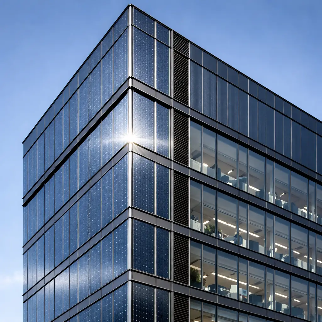חיפוי BIPV סולארי בחזית מאווררת של מבנה משרדים מודרני - STB חדשנות בבנייה